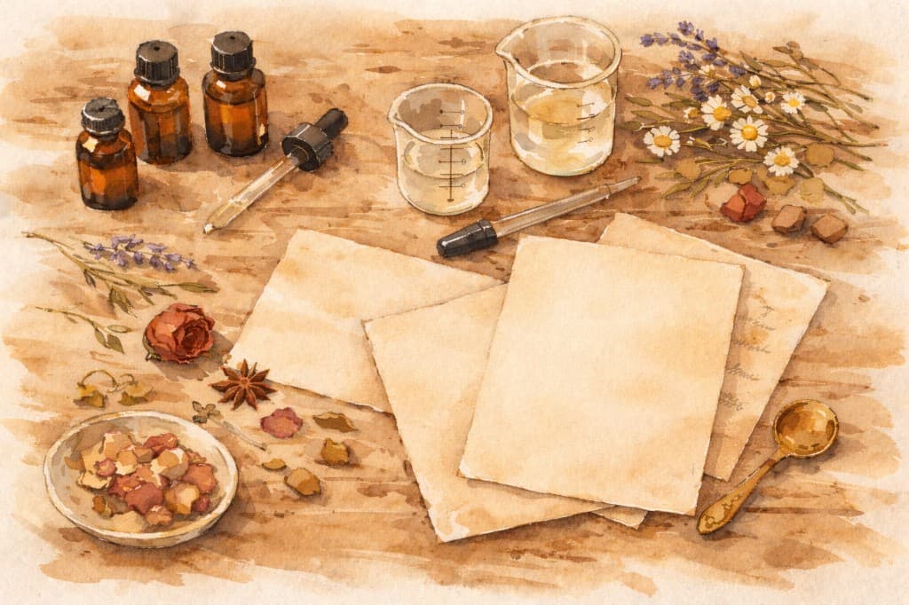 Perfumer's workstation: parchment, glass bottles, botanicals, and tools